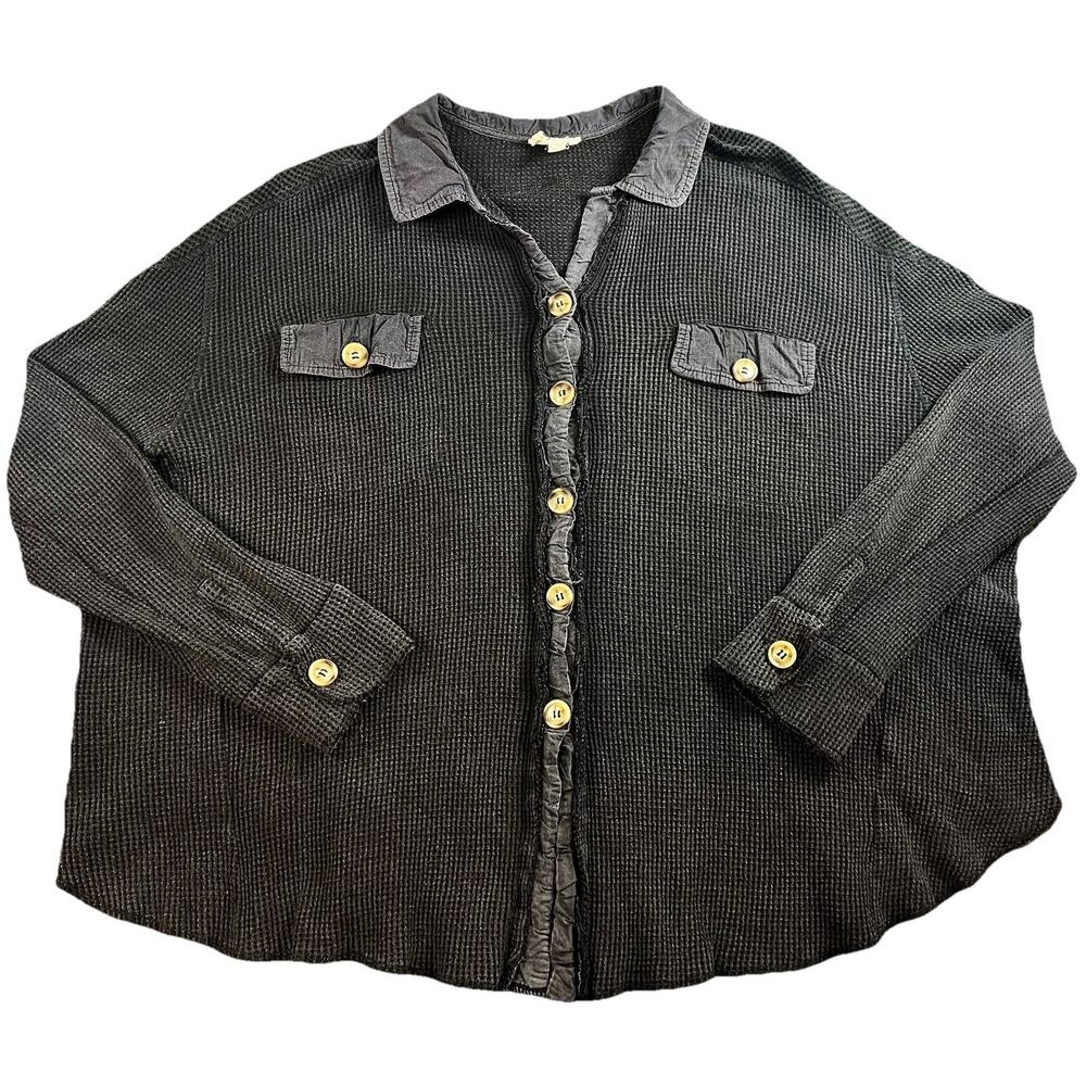 BIBI Waffle Knit Button Front Shirt Jacket Black Utility Pockets Womens S